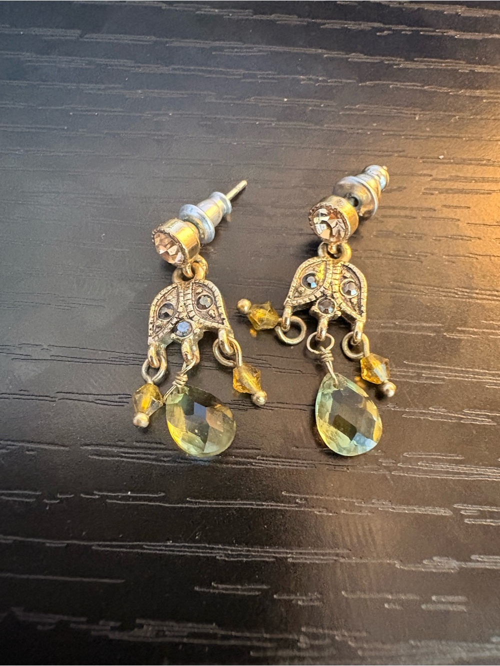 Vintage Monet Signed Gold Tone Green Crystal Dangle Earrings